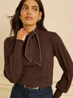 Clearance Love & Roses Tie Neck Knitted Jumper Chocolate Brown