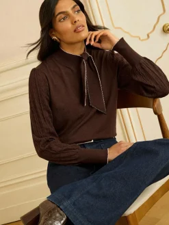 Clearance Love & Roses Tie Neck Knitted Jumper Chocolate Brown