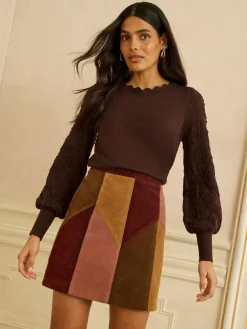 New Love & Roses Chocolate Brown Bobble Stitch Scallop Knit Jumper