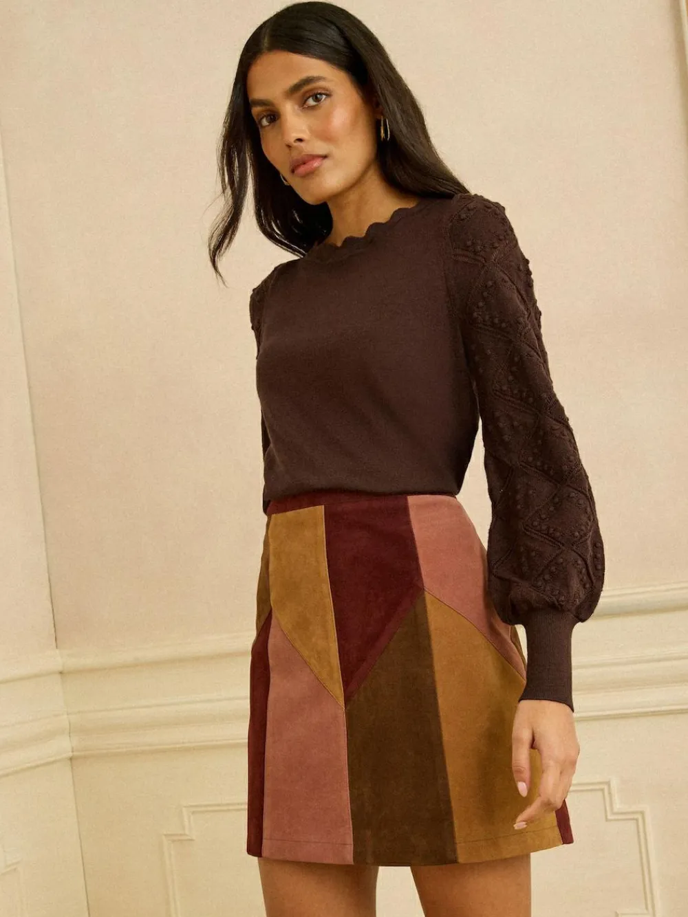 New Love & Roses Chocolate Brown Bobble Stitch Scallop Knit Jumper
