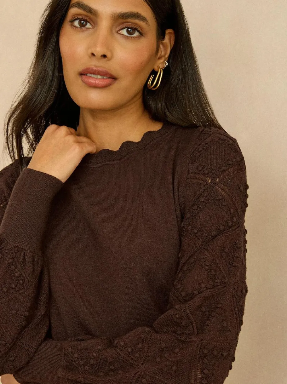 New Love & Roses Chocolate Brown Bobble Stitch Scallop Knit Jumper