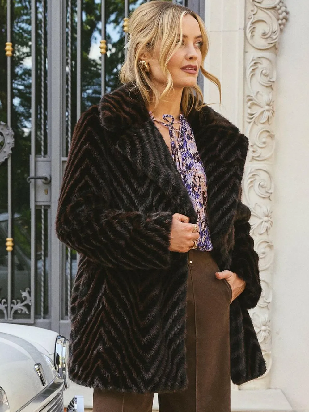 Love & Roses Chocolate Brown Chevron Faux Fur Coat^Women Coats & Jackets|Coats & Jackets