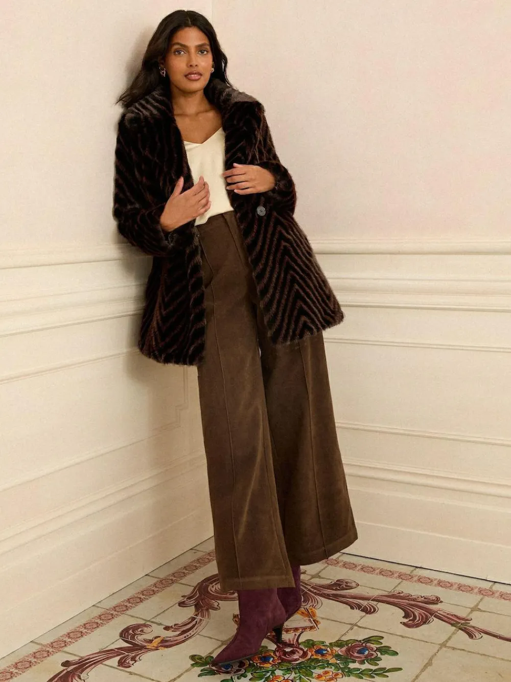 Love & Roses Chocolate Brown Chevron Faux Fur Coat^Women Coats & Jackets|Coats & Jackets