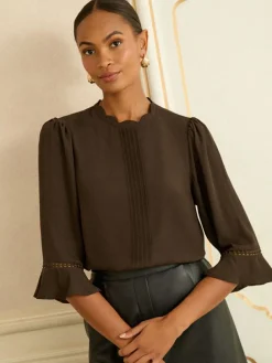 Love & Roses Chocolate Brown 3/4 Flute Sleeve Blouse^Women Tops & T-Shirts|Blouses & Shirts