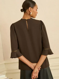 Love & Roses Chocolate Brown 3/4 Flute Sleeve Blouse^Women Tops & T-Shirts|Blouses & Shirts