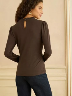 Love & Roses Chocolate Brown Frill Neck Long Sleeve Jersey Top^Women Tops & T-Shirts|Blouses & Shirts