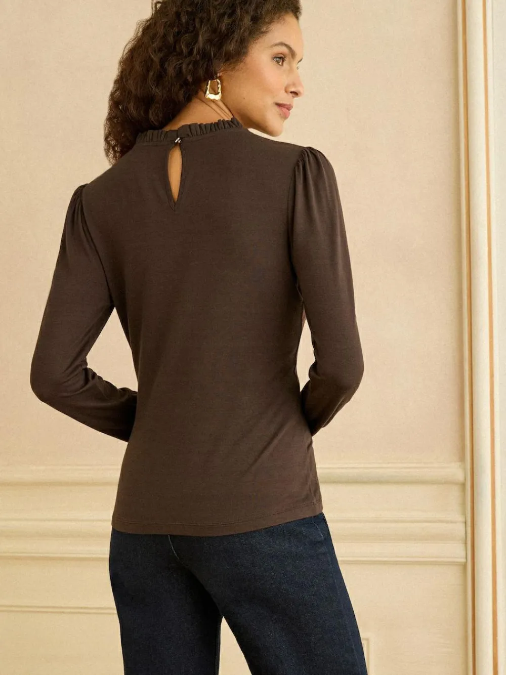 Love & Roses Chocolate Brown Frill Neck Long Sleeve Jersey Top^Women Tops & T-Shirts|Blouses & Shirts