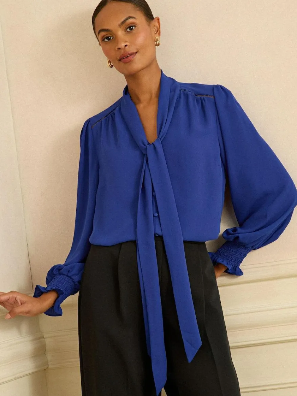 Best Love & Roses Long Sleeve Pussybow Blouse Cobalt Blue