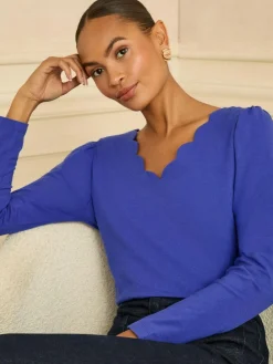 Love & Roses Cobalt Blue Scallop V-Neck Long Sleeve Jersey Top^Women Tops & T-Shirts