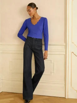 Love & Roses Cobalt Blue Scallop V-Neck Long Sleeve Jersey Top^Women Tops & T-Shirts