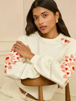 Love & Roses Cream Heart Ric Rac Embroidered Sweat Top^Women Nightwear|Knitwear