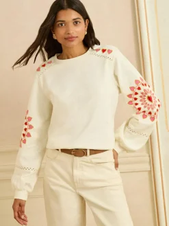 Love & Roses Cream Heart Ric Rac Embroidered Sweat Top^Women Nightwear|Knitwear