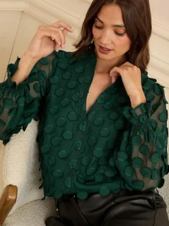 Love & Roses 3D Spot Long Sleeve Blouse Dark Green
