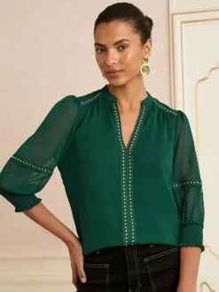 Clearance Love & Roses V-Neck Hardware 3/4 Sleeve Blouse Forest Green