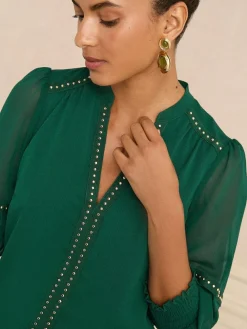 Clearance Love & Roses V-Neck Hardware 3/4 Sleeve Blouse Forest Green