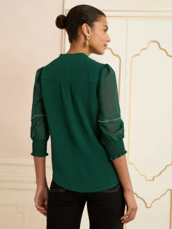 Clearance Love & Roses V-Neck Hardware 3/4 Sleeve Blouse Forest Green