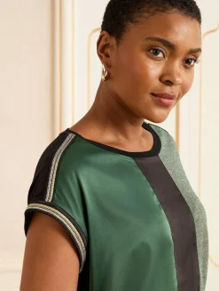 Sale Love & Roses Green and Black Embellished Cuff Satin Front Satin Front V-Neck Short Sleeve Top