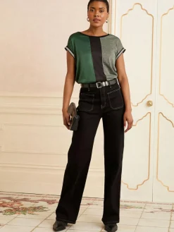 Sale Love & Roses Green and Black Embellished Cuff Satin Front Satin Front V-Neck Short Sleeve Top