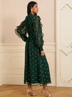 Hot Love & Roses Embroidered Ruffle Midi Dress Green Heart