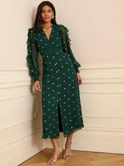 Hot Love & Roses Embroidered Ruffle Midi Dress Green Heart