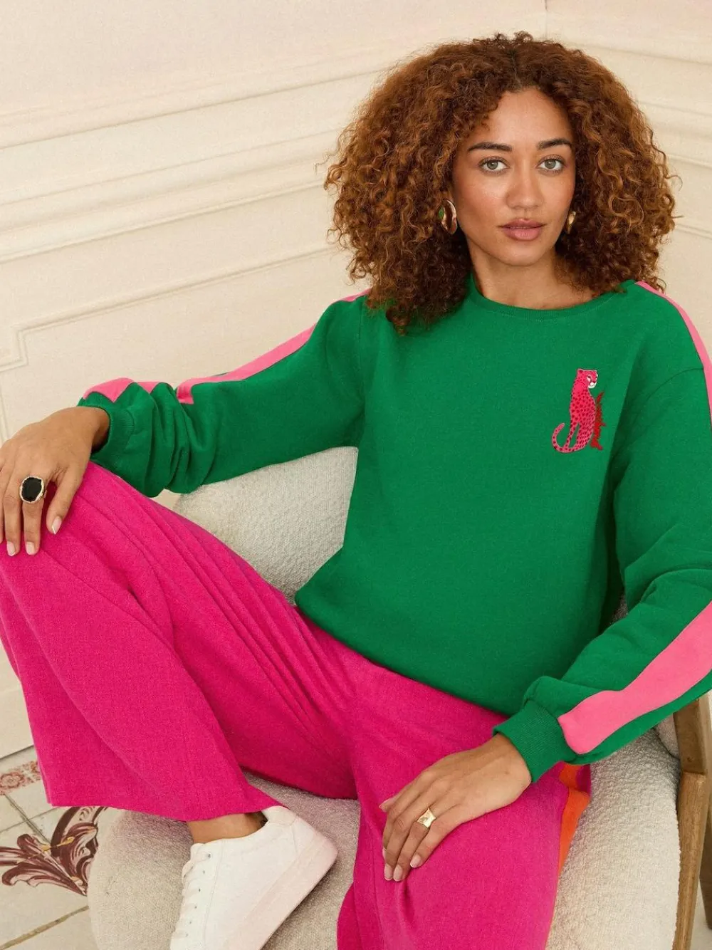 Love & Roses Green Leopard with Pink Stripe Crew Neck Jersey Sweatshirt^Women Nightwear|Hoodies & Sweatshirts