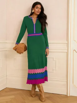 Best Love & Roses Notch Neck Knitted Midi Dress Green