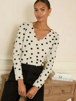 Online Love & Roses Ivory and Black Spot Print Scallop V-Neck Long Sleeve Jersey Top