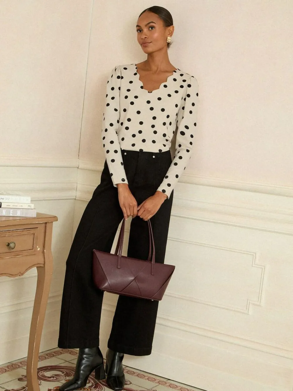 Online Love & Roses Ivory and Black Spot Print Scallop V-Neck Long Sleeve Jersey Top