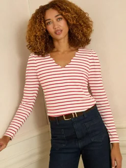 Love & Roses Ivory and Red Stripe Scallop V-Neck Long Sleeve Jersey Top