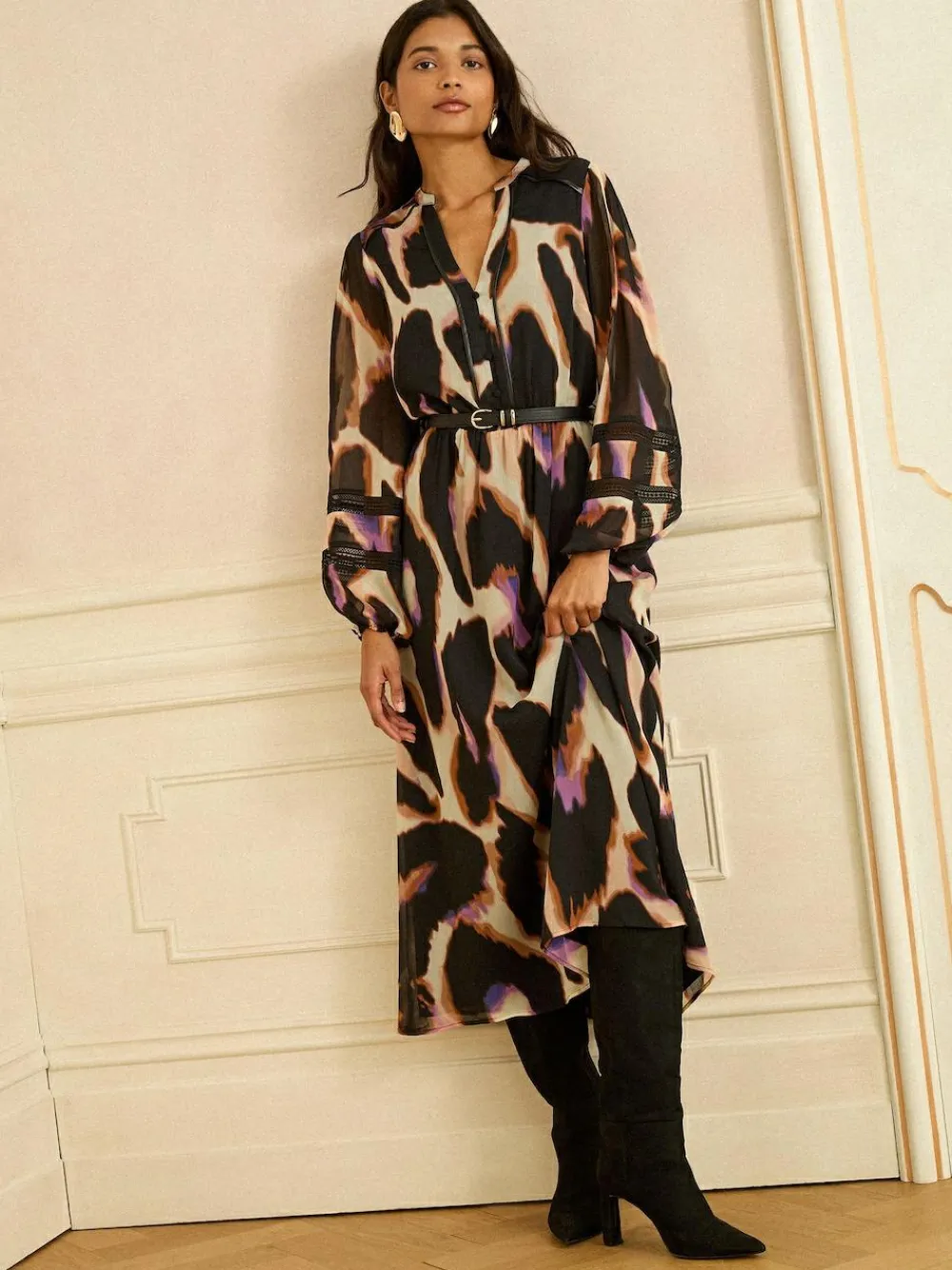 Love & Roses Ivory Animal PU Trim Midi Dress^Women Dresses|Midi Dresses