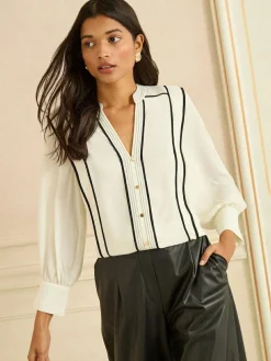 Love & Roses Ivory Contrast 3/4 Sleeve Notch Neck Blouse^Women Tops & T-Shirts|Blouses & Shirts