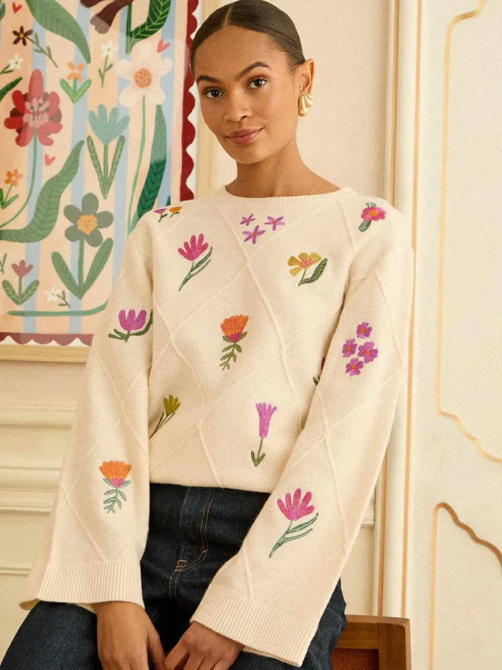 Clearance Love & Roses Embroidered Detail Knitted Jumper Ivory