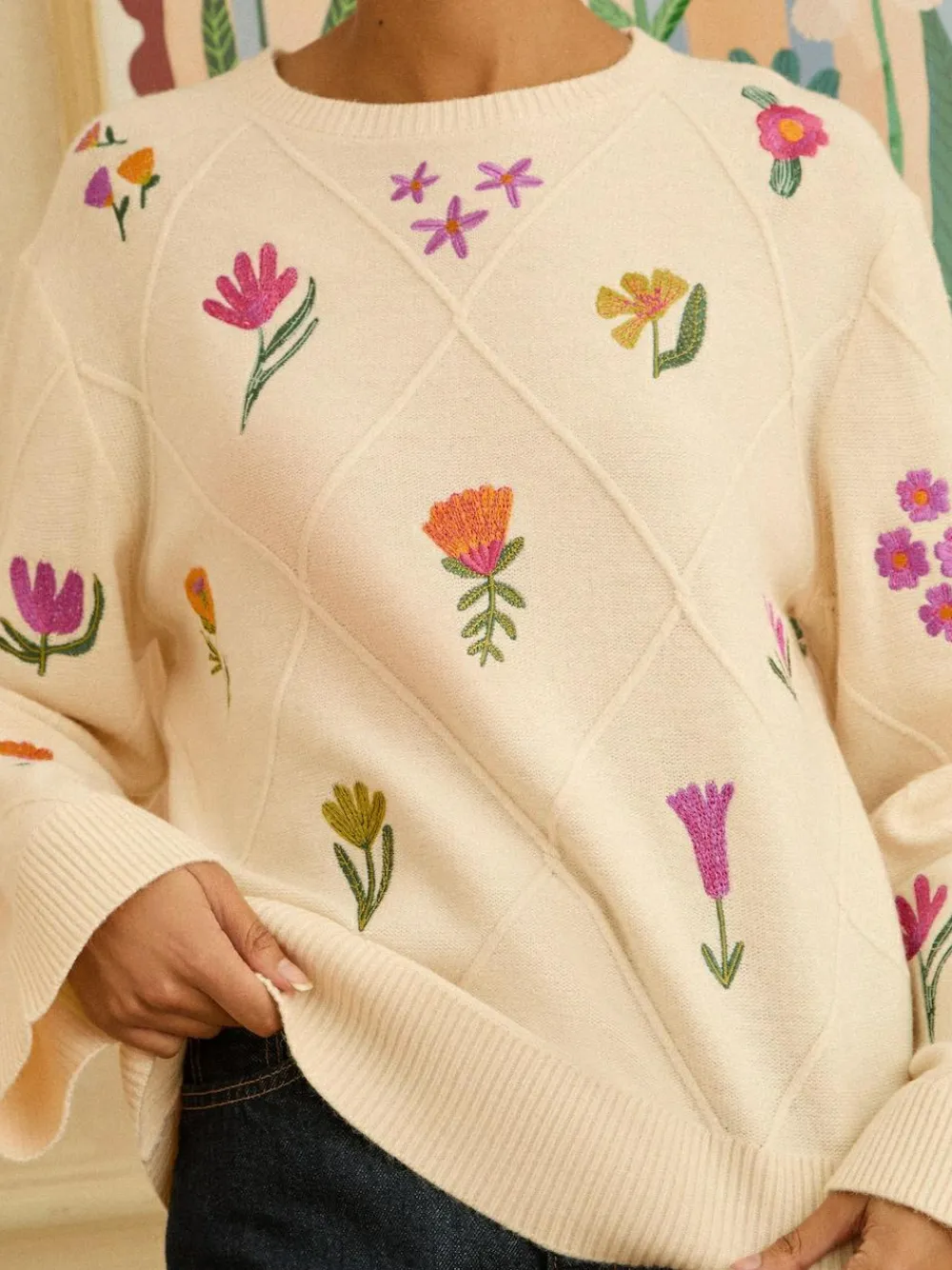 Clearance Love & Roses Embroidered Detail Knitted Jumper Ivory