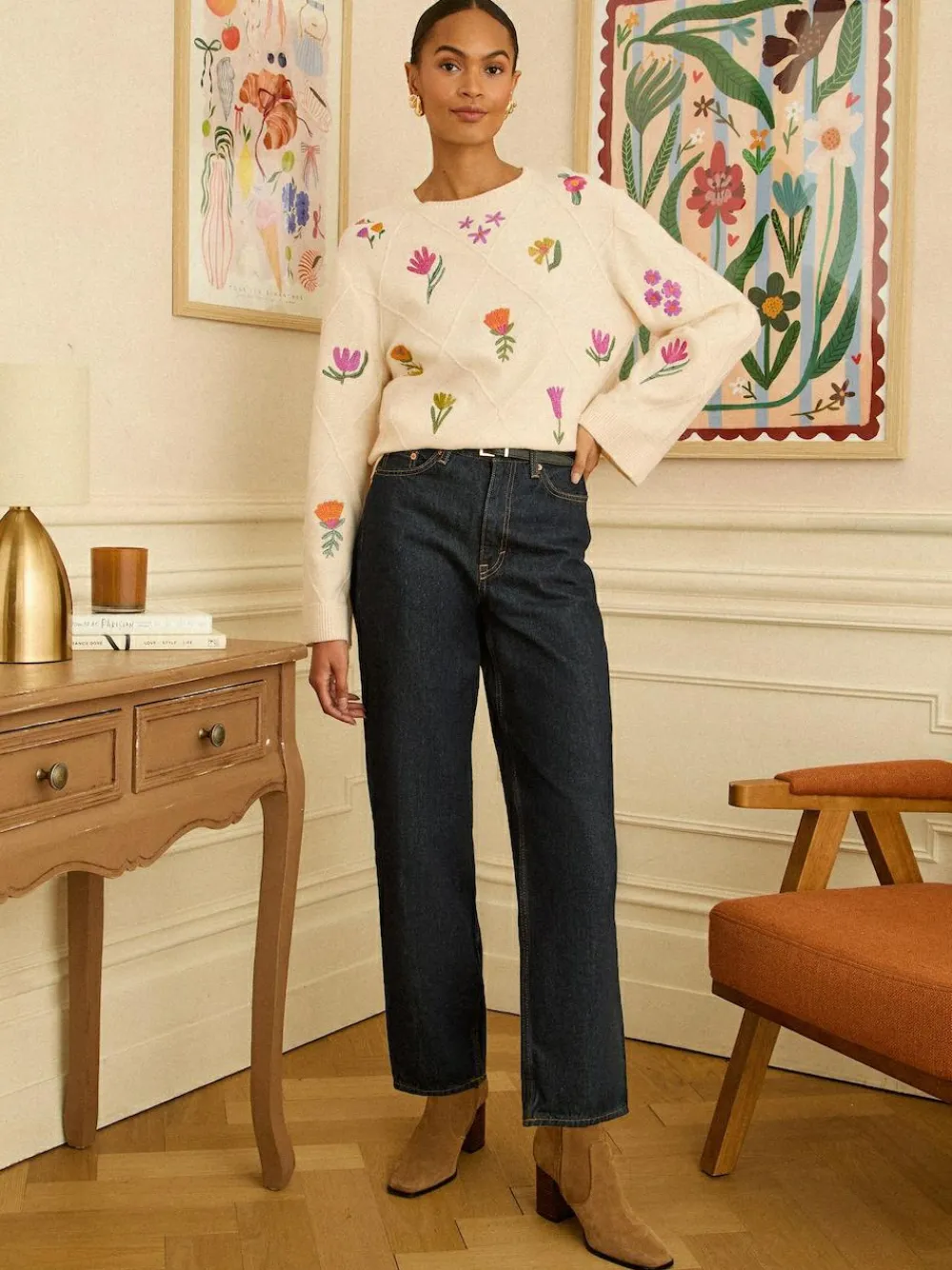 Clearance Love & Roses Embroidered Detail Knitted Jumper Ivory