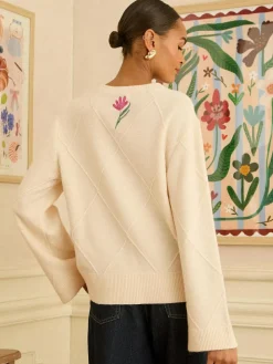 Clearance Love & Roses Embroidered Detail Knitted Jumper Ivory