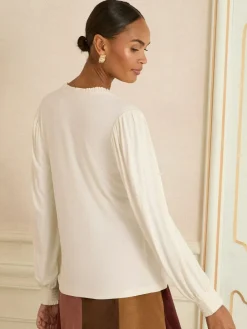 New Love & Roses Frill V-Neck Jersey Long Sleeve Top Ivory