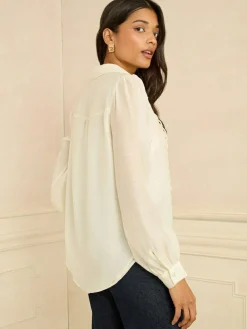 Online Love & Roses Long Sleeve Button Through Lace Trim Shirt Ivory