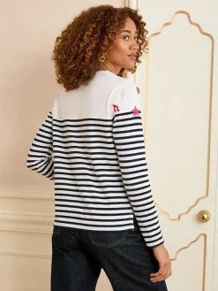 Sale Love & Roses Ivory Stripe Embroidered Top