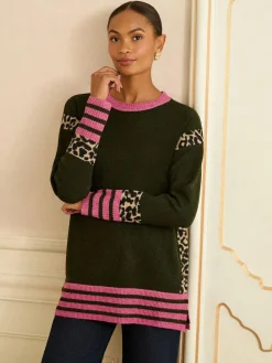 Love & Roses Khaki Green Animal Side Stripe Crew Neck Cosy Jumper^Women Knitwear|Knitwear