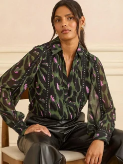 Sale Love & Roses Button Through Long Sleeve Shirt Khaki Green