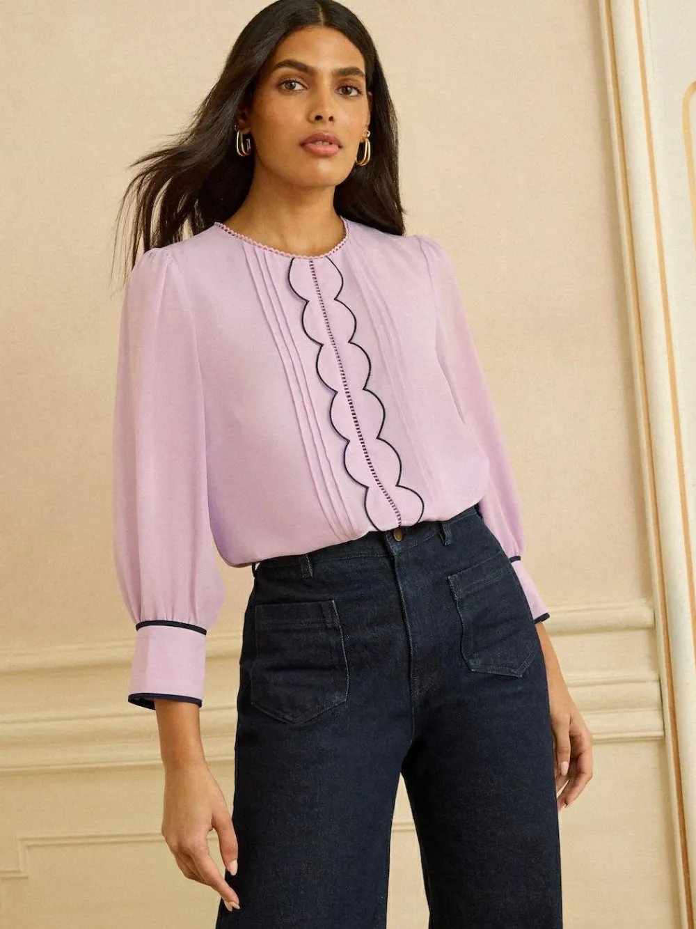 Sale Love & Roses 3/4 Sleeve Scallop Detail Blouse Lilac