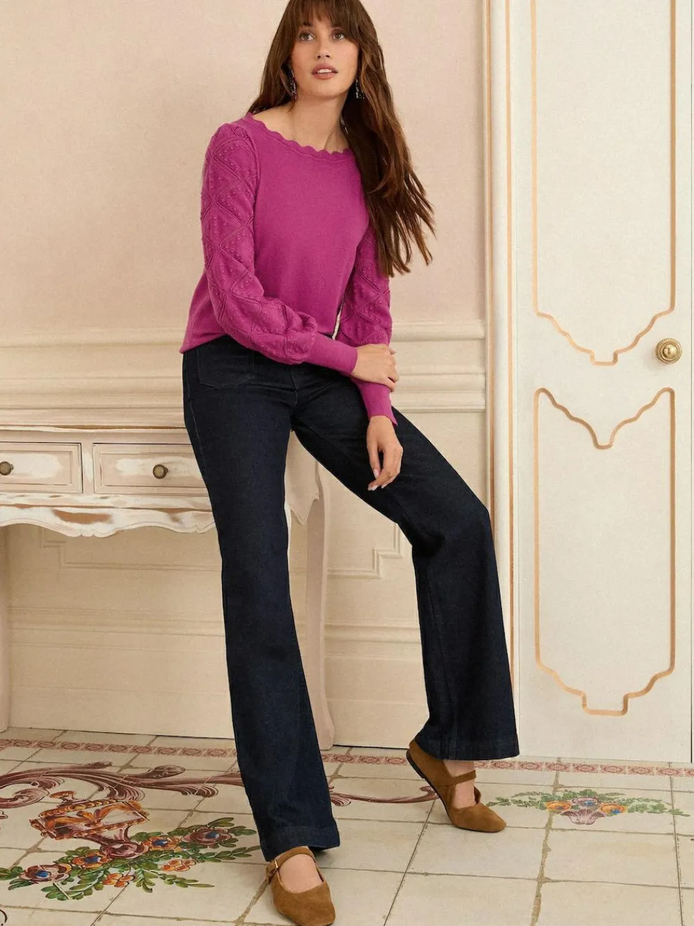 Sale Love & Roses Magenta Pink Bobble Stitch Scallop Knit Jumper