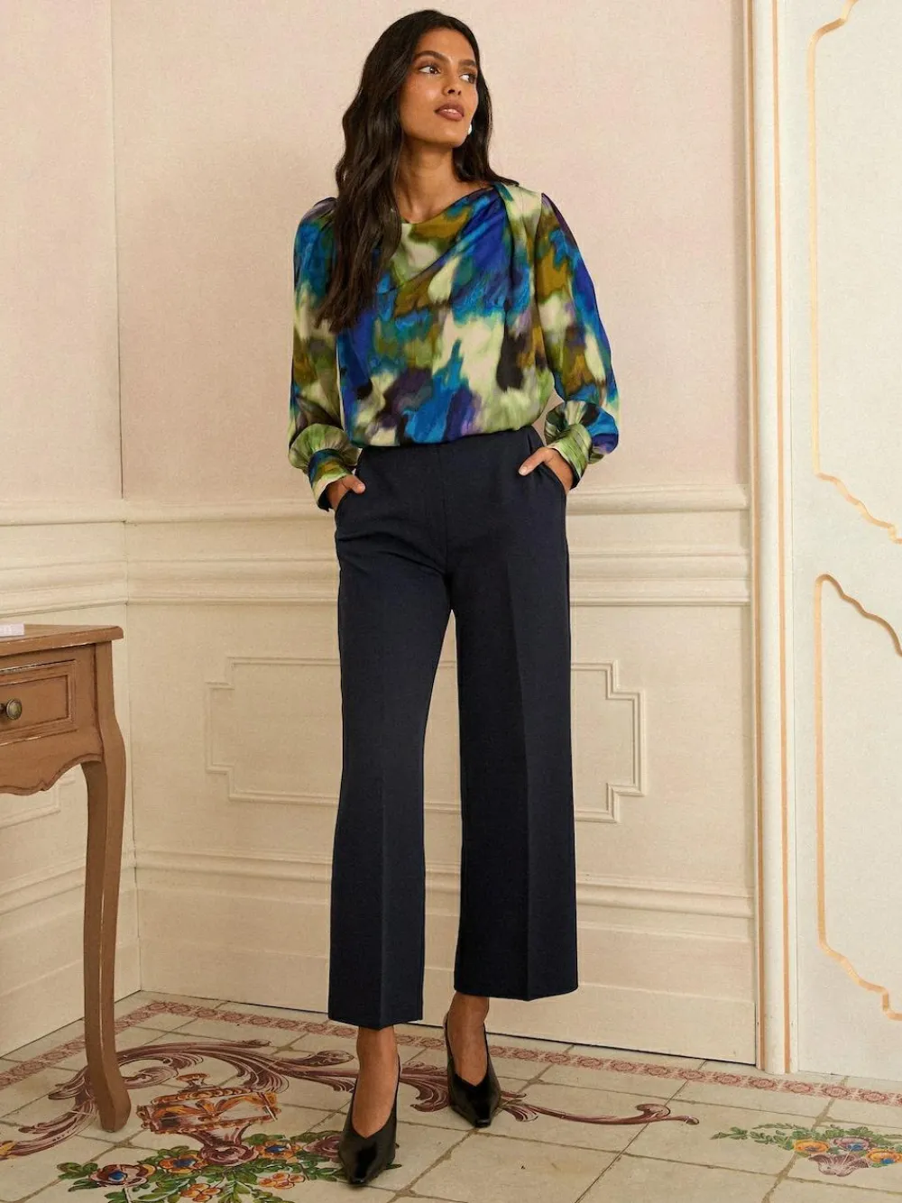 Love & Roses Long Sleeve Satin Cowl Neck Blouse Multi