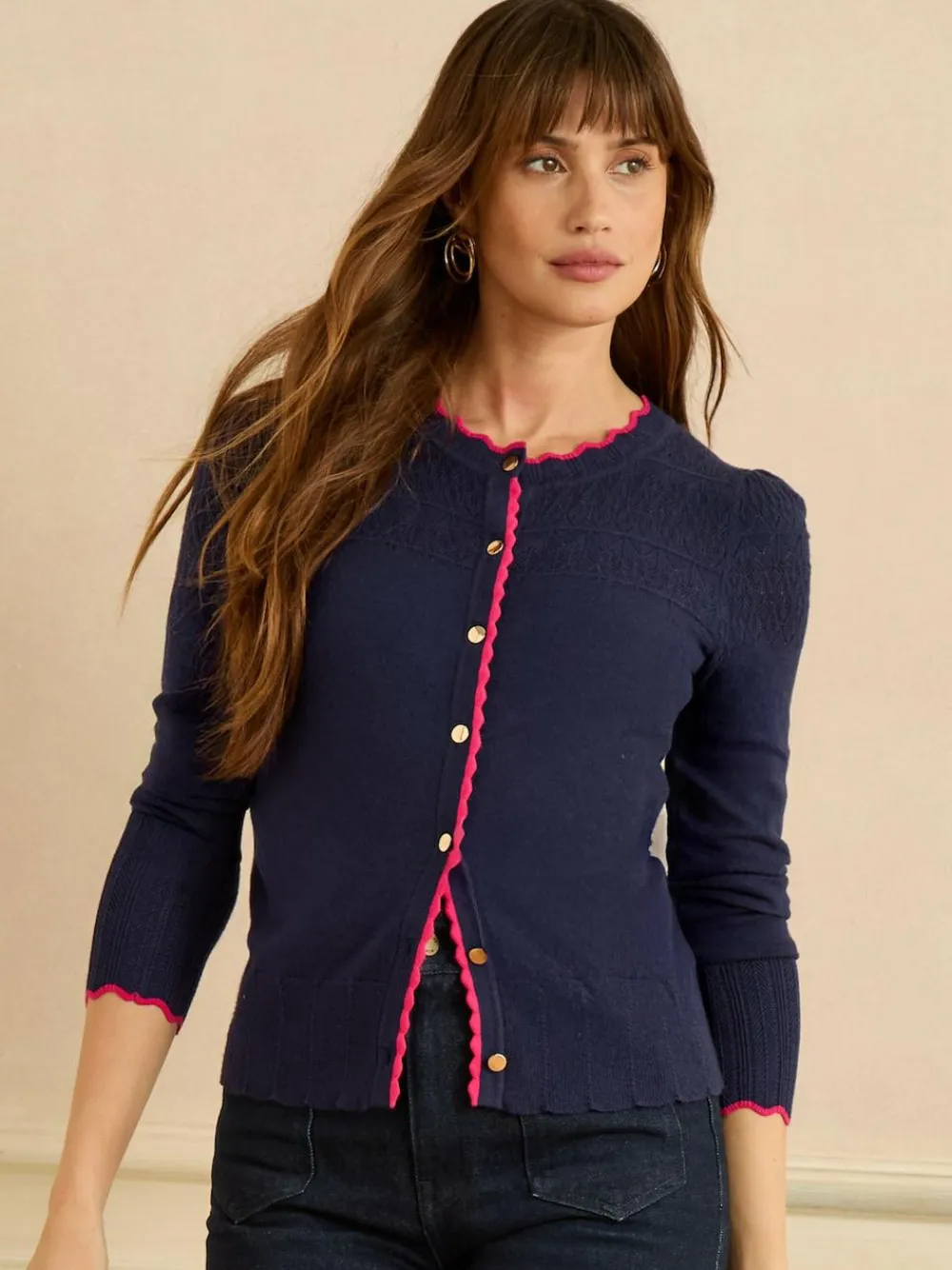 Love & Roses Navy and Pink Scallop Knitted Cardigan