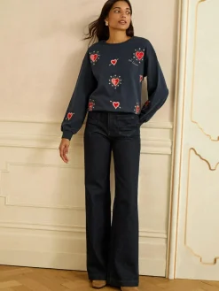 Love & Roses Navy Blue Heart Embroidery Crew Neck Jersey Sweatshirt^Women Hoodies & Sweatshirts