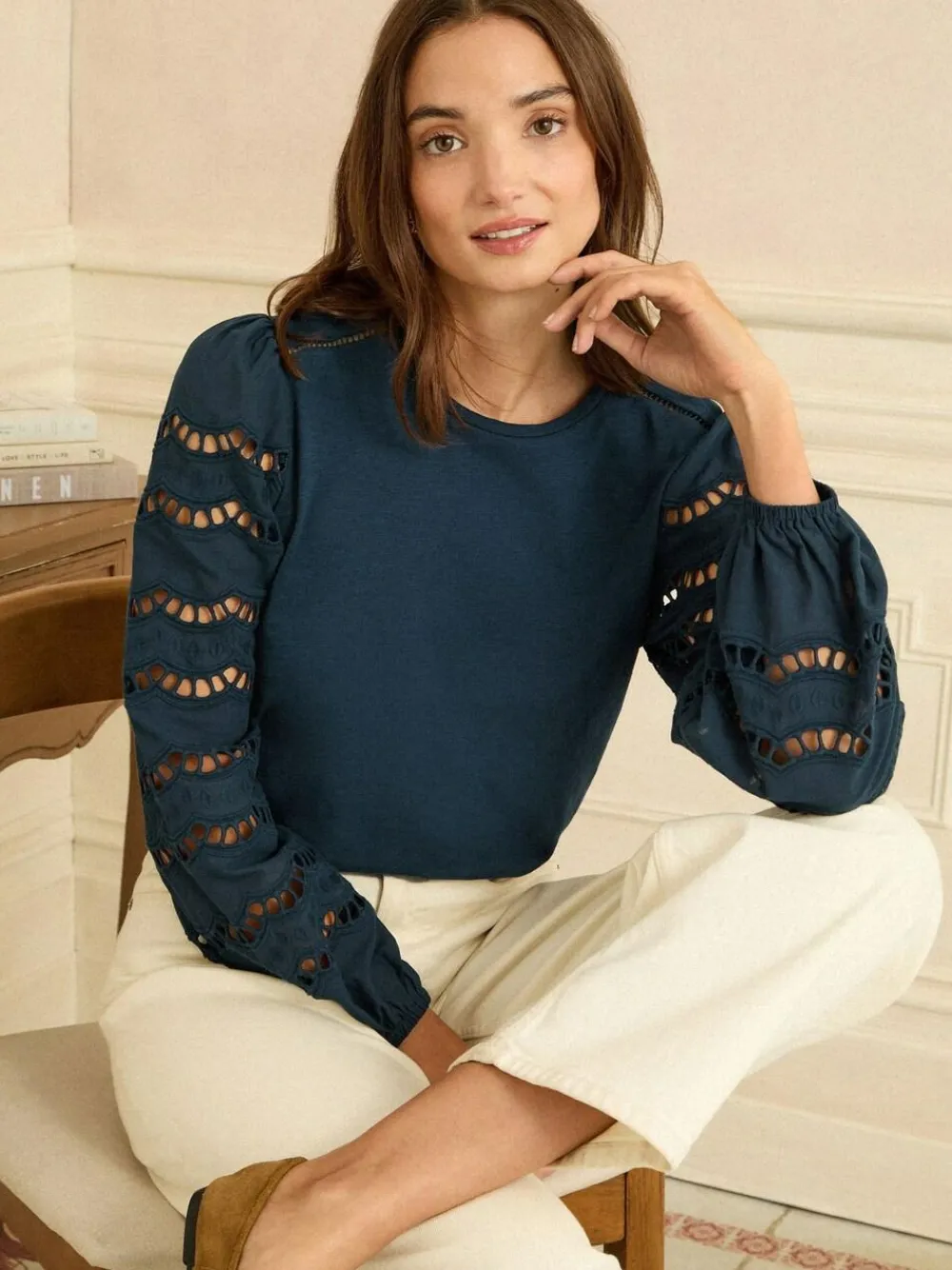 Hot Love & Roses Long Sleeve Top Navy Broderie
