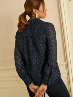 Sale Love & Roses 3D Heart Long Sleeve Button Through Shirt Navy