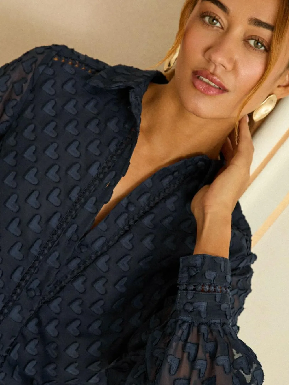 Sale Love & Roses 3D Heart Long Sleeve Button Through Shirt Navy