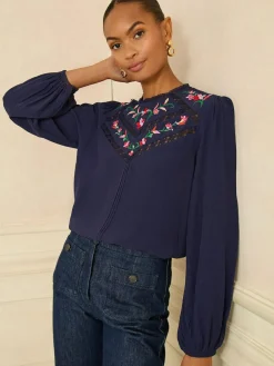 Love & Roses Navy Embroidered Crew Neck Long Sleeve Blouse^Women Blouses & Shirts