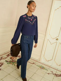 Love & Roses Navy Embroidered Crew Neck Long Sleeve Blouse^Women Blouses & Shirts